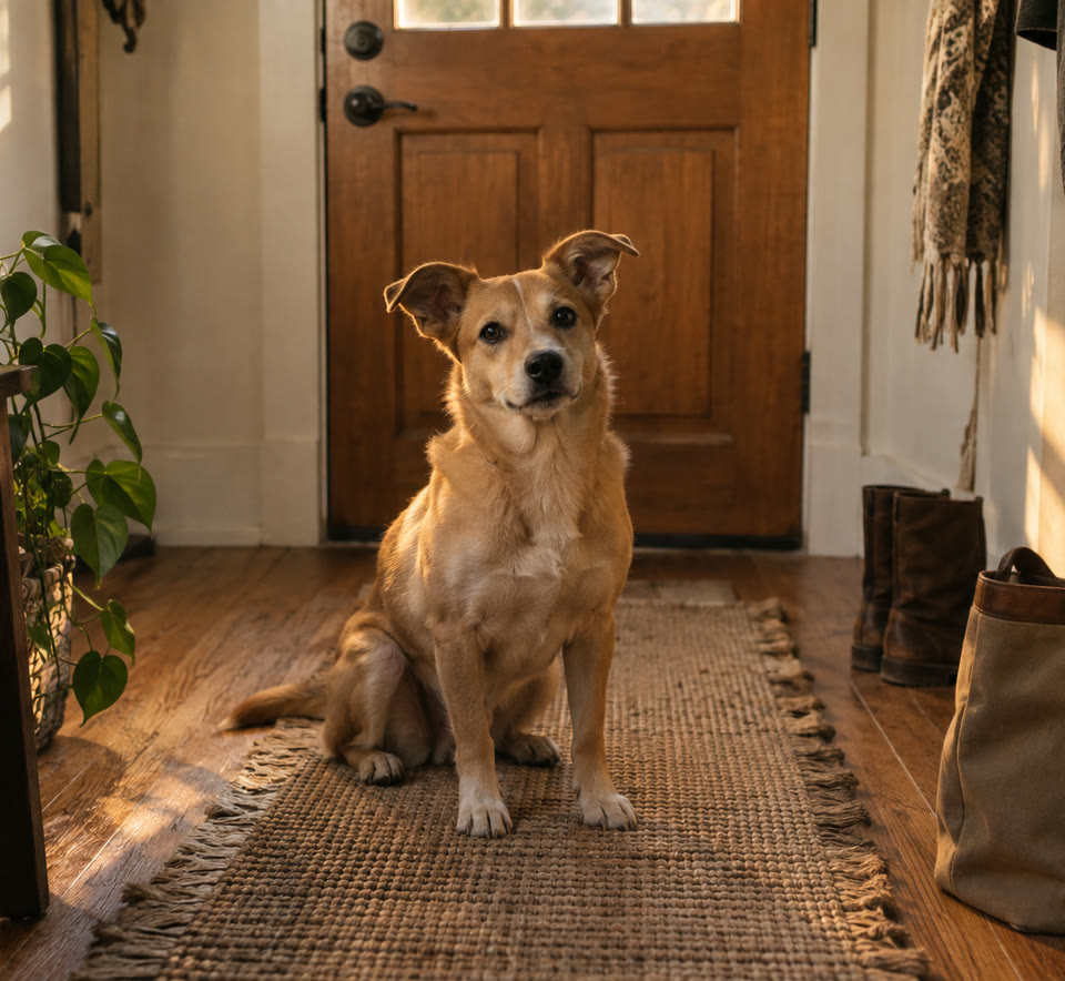 A tan dog waiting expectantly by a sunlit apartment door